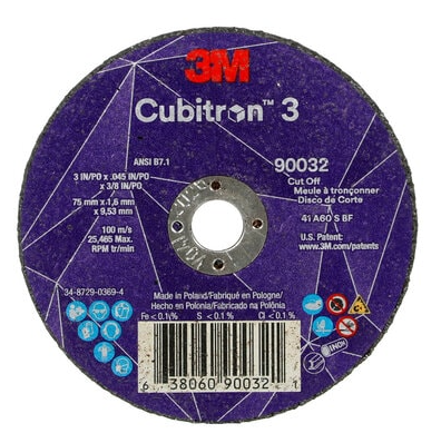 3M Cubitron 3 Cut-Off Wheel, 90032, 60+, T1, 3 in x 0.045 in x 3/8 in (75 x 1.6 x 9.53 mm), ANSI, 25/Pack, 50 ea/Case - 7100303858