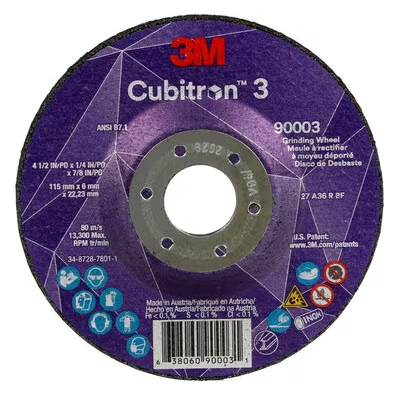3M Cubitron 3 Depressed Center Grinding Wheel, 90003, 36+, T27, 4-1/2 in x 1/4 in x7/8 in (11x6x22.23) ANSI - 7100303966