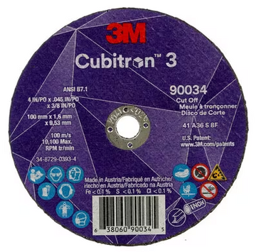 3M Cube 3 Cut-Off Wheel 9034 36+ T1 4 inx0.045 inx3/8 in 100x1.6x9.53mm ANSI 25/Pk 50 ea/Cs 7100304004