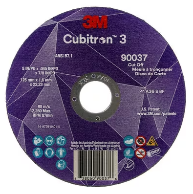 3M Cubitron 3 Cut-Off Wheel, 90037, 36+, T1, 5 in x 0.045 in x 7/8 in (125 x 1.6 x 22.23 mm), ANSI - 7100304007
