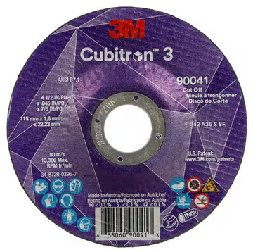 3M Cube 3 Cut-Off Wheel 9041 36+ T27 4-1/2 inx0.045 inx7/8 in 115x1.6x22.23mm ANSI 25/Pk 50 ea/Cs 7100304008