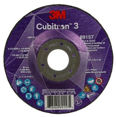 3M Cube 3 Cut & Grind Wheel 89157 36+ T27 4-1/2 inx1/8 inx7/8 in 115x3.2x22.23mm ANSI 10/Pk 7100305149