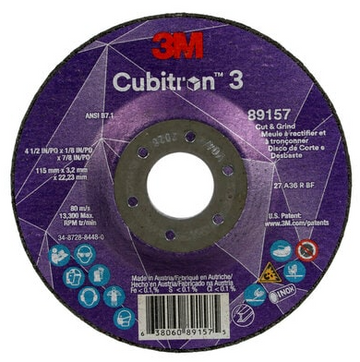 3M Cube 3 Cut & Grind Wheel 89157 36+ T27 4-1/2 inx1/8 inx7/8 in 115x3.2x22.23mm ANSI 10/Pk 7100305149