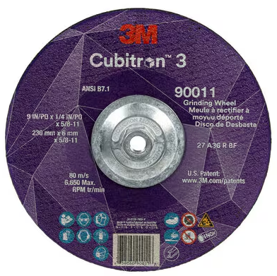 3M Cube 3 Depr. Center Grinding Wheel 9011 36+ T27 9 inx1/4 inx5/8 in-11 230x6mmx5/8-11in ANSI