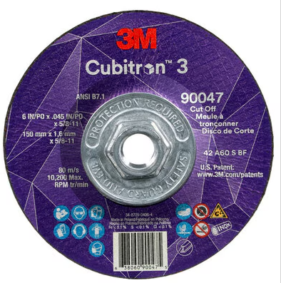 3M Cubitron 3 Cut-Off Wheel, 90047, 60+, T27, 6 in x 0.045 in x 5/8 in-11 (150 x 1.6 mm x 5/8-11 in), ANSI, Price Per Wheel - 7100313188