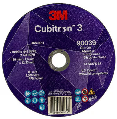 3M Cube 3 Cut-Off Wheel 9039 60 T1 7 inx0.45 inx7/8 in180x1.6x22.23mm ANSI 25/Pk 50 ea/Cs 7100313189