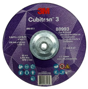 3M Cube 3 Cut & Grind Wheel 88993 36+ T27 9 inx1/8 inx5/8 in-11 230x3.2mmx5/8-11 in ANSI 7100313197