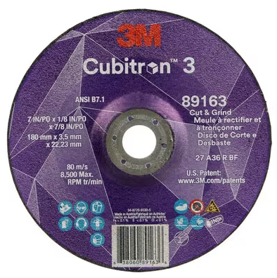 3M Cube 3 Cut & Grind Wheel 89163 36+ T27 7 in x 1/8 in x 7/8 in (180 x 3.2 x 22.23 mm) 7100313588