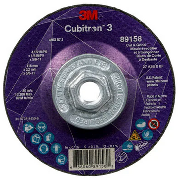 3M Cube 3 Cut & Grind Wheel 89158 36+ T27 4-1/2 inx1/8 inx5/8 in-11 115x3.2mmx5/8-11 in ANSI 7100313760