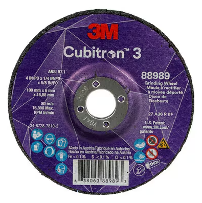 3M Cubitron 3 Depressed Center Grinding Wheel, 88989, 36+, T27, 4 in x 1/4 in x 5/8 in (100x6x15.88mm) ANSI, 10/Pack, 20 ea/Case - 7100303964