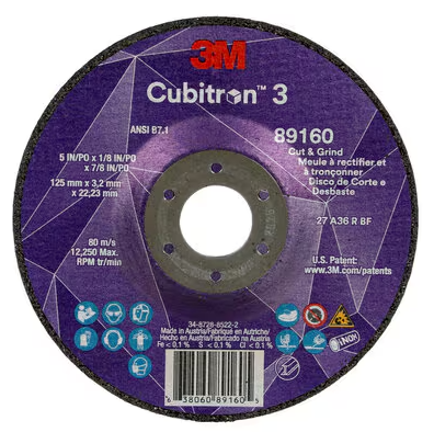 3M Cube 3 Cut & Grind Wheel 89160 36+ T27 5 in x 1/8 in x 7/8 in (125 x 3.2 x 22.23 mm) 7100305151