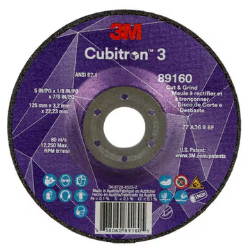 3M Cube 3 Cut & Grind Wheel 89160 36+ T27 5 in x 1/8 in x 7/8 in (125 x 3.2 x 22.23 mm) 7100305151