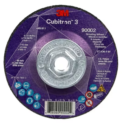 3M 9002 Cube 3 Depr. Center Grinding Wheel 36+ T27 4-1/2 inx1/4 inx5/8 in-11115x6mmx5/8-11in ANSI