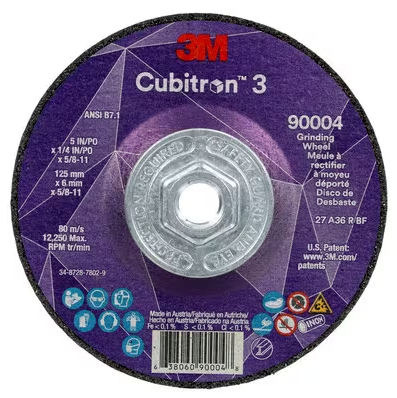 3M Cube 3 Depr. Center Grinding Wheel 9004 36+ T27 5 inx1/4 inx5/8 in-11 125x6mmx5/8-11in ANSI