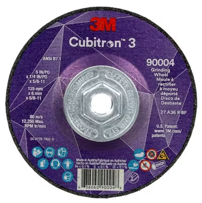 3M Cubitron 3 Depressed Center Grinding Wheel, 90004, 36+, T27, 5 in x 1/4 in x 5/8 in-11 (125x6mmx5/8-11in), ANSI, 10 ea/Case - 7100312967