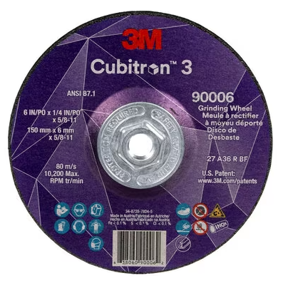 3M Cubitron 3 Depressed Center Grinding Wheel, 90006, 36+, T27, 6 in x 1/4 in x 5/8 in-11 (150x6mmx5/8-11in), ANSI, 10 ea/Case - 7100312966