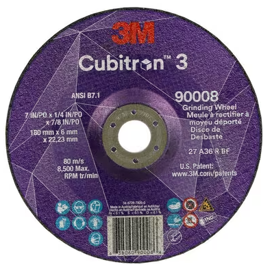 3M Cube 3 Depressed Center Grinding Wheel 9008 36+ T27 7 inx1/4 inx7/8 in (180x6x22.23mm) 7100313198