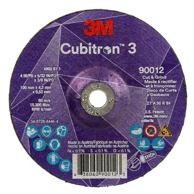 3M Cubitron 3 Cut and Grind Wheel, 90012, 36+, T27, 4 in x 5/32 in x 3/8 in (100 x 4.2 x 9.53 mm), ANSI, 10/Pack, 20 ea/Case - 7100305152