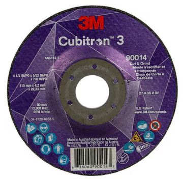 3M Cube 3 Cut & Grind Wheel 9014 36+ T27 4-1/2 inx5/32 inx7/8 in (115x4.2x22.23 mm) 7100303968