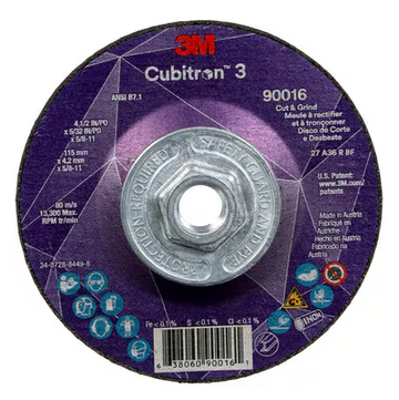 3M Cube 3 Cut & Grind Wheel 9016 36+ T27 4-1/2 inx5/32 inx5/8 in-11 115x4.2mmx5/8-11 in ANSI 7100313194