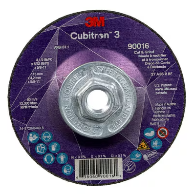 3M Cubitron 3 Cut and Grind Wheel, 90016, 36+, T27, 4-1/2 in x 5/32 in x 5/8 in-11 (115 x 4.2 mm x 5/8-11 in), ANSI, 10 ea/Case - 7100313194