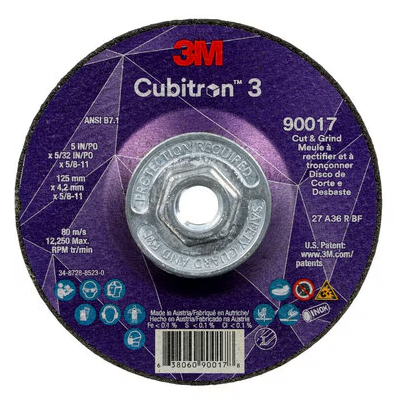 3M Cube 3 Cut & Grind Wheel 9017 36+ T27 5 inx5/32 inx5/8 in-11 125x4.2mmx5/8-11 in ANSI 7100313550