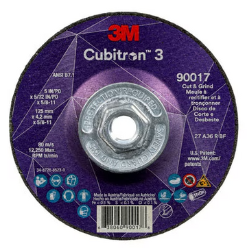 3M Cube 3 Cut & Grind Wheel 9017 36+ T27 5 inx5/32 inx5/8 in-11 125x4.2mmx5/8-11 in ANSI 7100313550