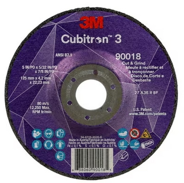 3M Cube 3 Cut & Grind Wheel 90018 36+ T27 5 in x 5/32 in x7/8 in (125 x 4.2 x 22.23 mm) 7100305444