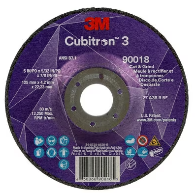 3M Cubitron 3 Cut and Grind Wheel, 90018, 36+, T27, 5 in x 5/32 in x7/8 in (125 x 4.2 x 22.23 mm), ANSI, 10/Pack, 20 ea/Case - 7100305444