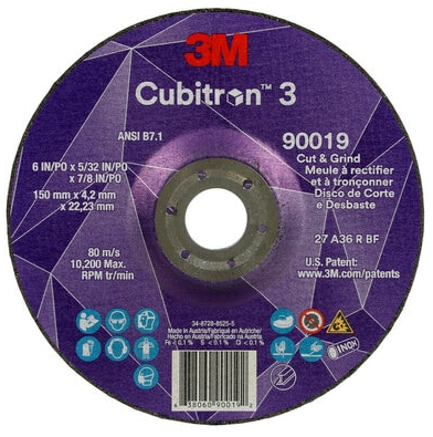 3M Cube 3 Cut & Grind Wheel 90019 36+ T27 6 in x 5/32 in x 7/8 in (150 x 4.2 x 22.23 mm) 7100313552
