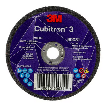 3M Cube 3 Cut-Off Wheel 9031 60 T1 3 inx0.035 inx3/8 in 75x0.9x9.53mm ANSI 25/Pk 50 ea/Cs 7100303859