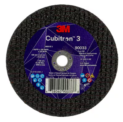 3M Cubitron 3 Cut-Off Wheel, 90033, 60+, T1, 4 in x 0.035 in x 3/8 in (100 x 0.9 x 9.53 mm), ANSI, 25/Pack, 50 ea/Case - 7100303857
