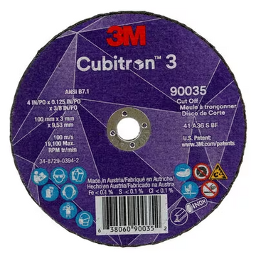 3M Cube 3 Cut-Off Wheel 9035 36+ T1 4 inx0.125 inx3/8 in 100x3x9.53mm ANSI 25/Pk 50 ea/Cs 7100304005