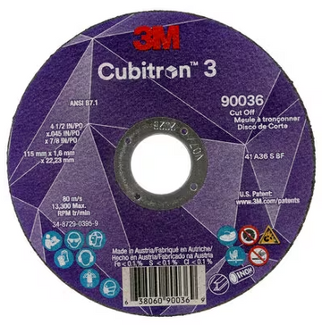 3M Cube 3 Cut-Off Wheel 9036 36+ T1 4-1/2 inx0.045 inx7/8 in 115x1.6x22.23mm ANSI 25/Pk 50 ea/Cs 7100304006