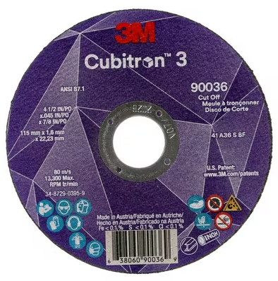 3M Cubitron 3 Cut-Off Wheel, 90036, 36+, T1, 4-1/2 in x 0.045 in x 7/8 in (115 x 1.6 x 22.23 mm), ANSI, 25/Pack, 50 ea/Case - 7100304006