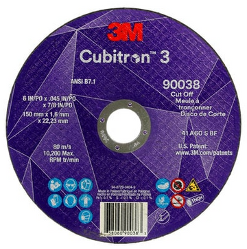 3M Cube 3 Cut-Off Wheel 9038 60 T1 6 inx0.045 inx7/8 in (150x1.6x22.23 mm) ANSI 50 ea/Cs 7100313190