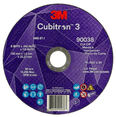 3M Cubitron 3 Cut-Off Wheel, 90038, 60+, T1, 6 in x 0.045 in x 7/8 in (150 x 1.6 x 22.23 mm), ANSI, 25/Pack, 50 ea/Case - 7100313190
