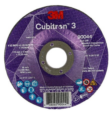 3M Cube 3 Cut-Off Wheel 9044 36+ T27 4-1/2 inx0.125 inx7/8 in 115x3x22.23mm ANSI 25/Pk 50 ea/Cs 7100304009