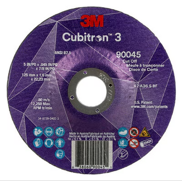 3M Cube 3 Cut-Off Wheel 9045 36+ T27 5 inx0.045 inx7/8 in 125x1.6x22.23mm ANSI 25/Pk 50 ea/Cs 7100304010