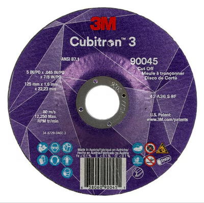 3M Cubitron 3 Cut-Off Wheel, 90045, 36+, T27, 5 in x 0.045 in x 7/8 in (125 x 1.6 x 22.23 mm), ANSI, 25/Pack, 50 ea/Case - 7100304010