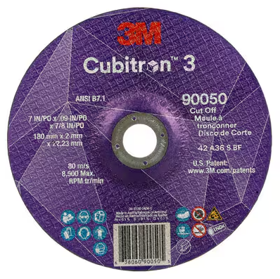 3M Cubitron 3 Cut-Off Wheel, 90050, 36+, T27, 7 in x 0.09 in x 7/8 in (180 x 2 x 22.23 mm), ANSI, 25/Pack, 50 ea/Case - 7100313191