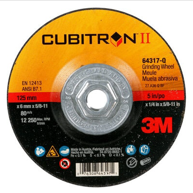 3M Cubitron II Depressed Center Grinding Wheel, 64317, Quick Change, Type 27, 5 in x 1/4 in x 5/8"-11 - 7100103025