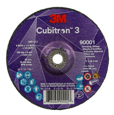 3M Cubitron 3 Depressed Center Grinding Wheel, 90001, 36+, T27, 4 in x 1/4 in x 3/8 in (100x6x9.53mm), ANSI, 10/Pack - 7100303965