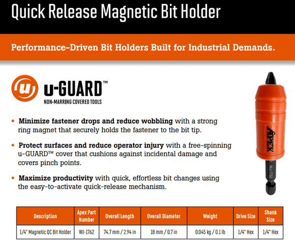Apex WJ - 1762 1/4" Magnetic QC Bit Holder - WesTorque